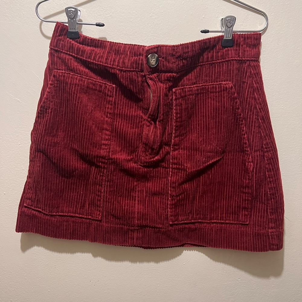 H&M Womens Sz 10P Retro Mini Skirt Red Burgundy Corduroy A Line Skirt Pockets